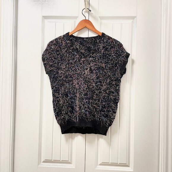 Vintage Handknit Black Rainbow Confetti Crochet Sweater Tee - Picture 1 of 12